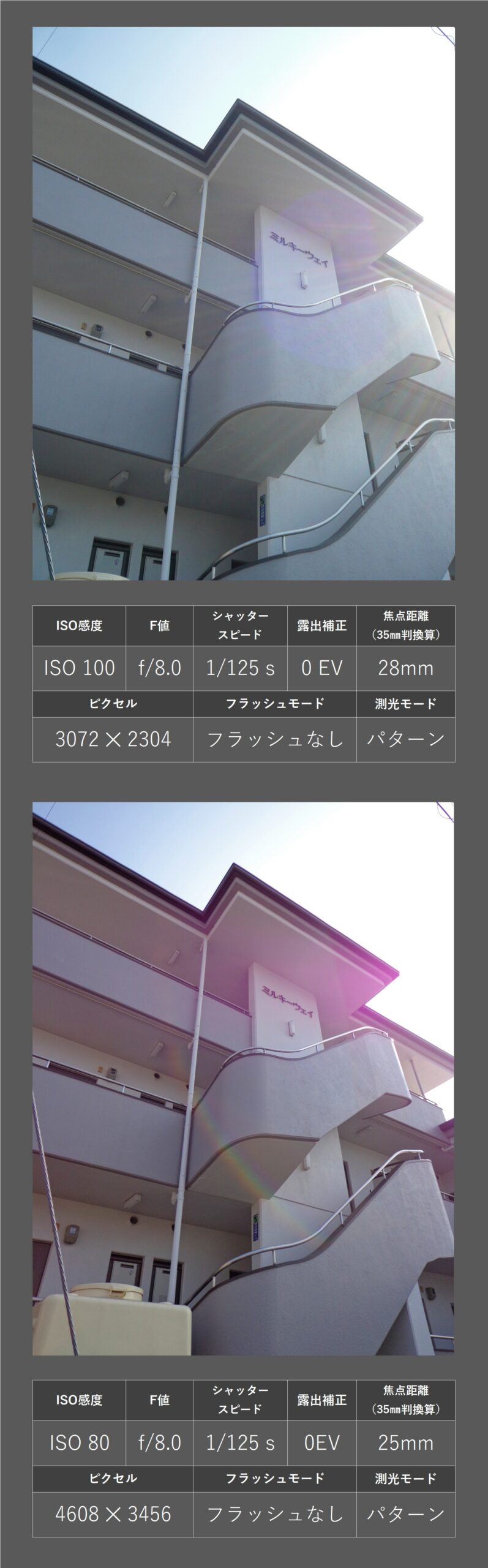 エモい写真の作例３：マンション（逆光）を撮影・比較