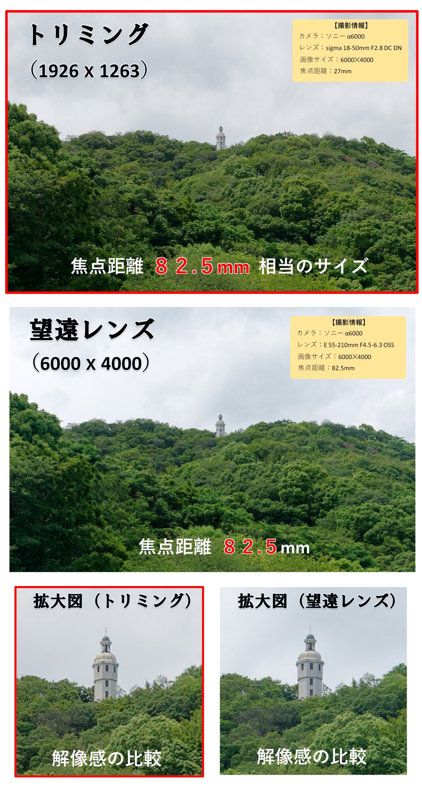 焦点距離82.5mm（トリミングと望遠レンズ）比較